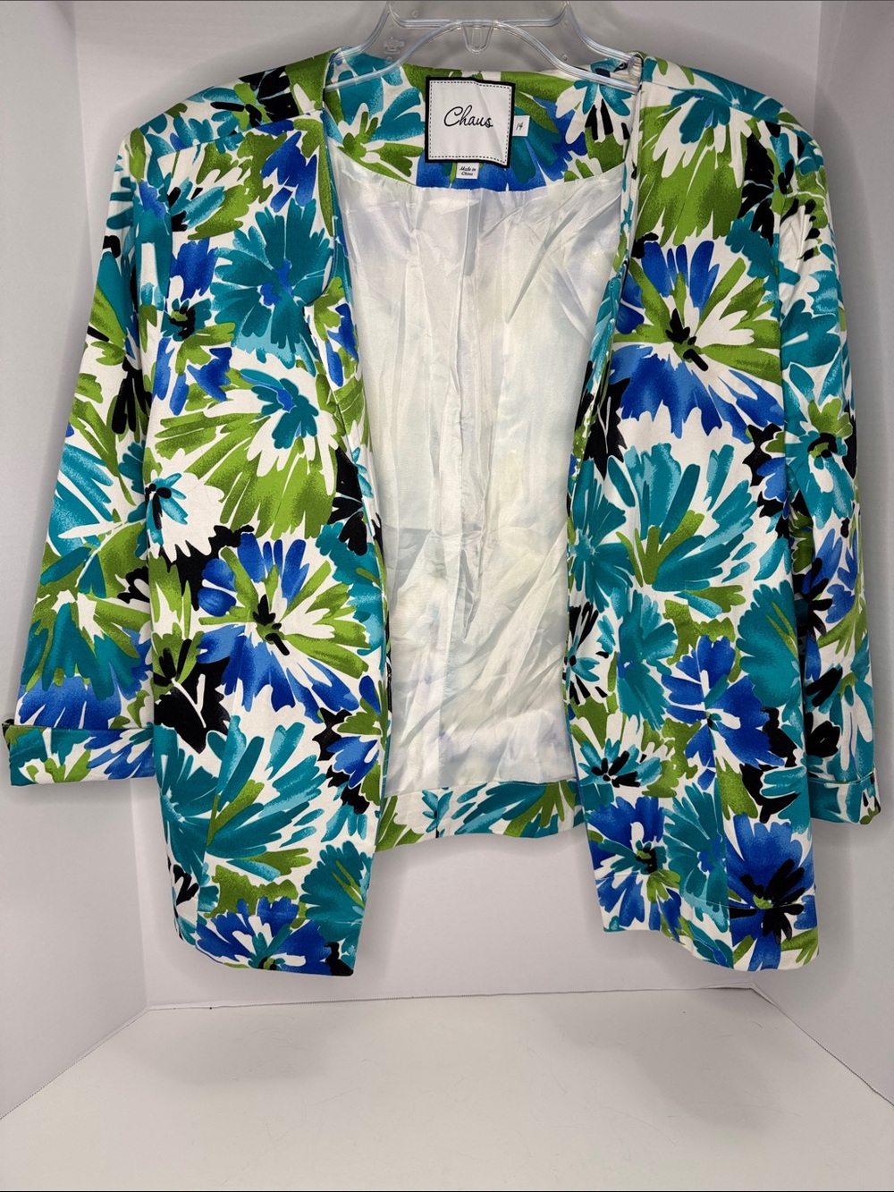 Chaus Woman’s Floral Open-Front Jacket in Blue, Green & White